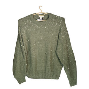 H&M Green Fuzzy Wool Blend Sweater Women M Faux Pearl Embellished Soft Cozy Chic